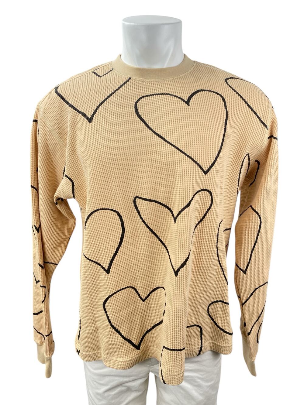Obey Mens Beige Khaki Hearts Waffle Knit Crewneck Long Sleeve Sweater Top Size L
